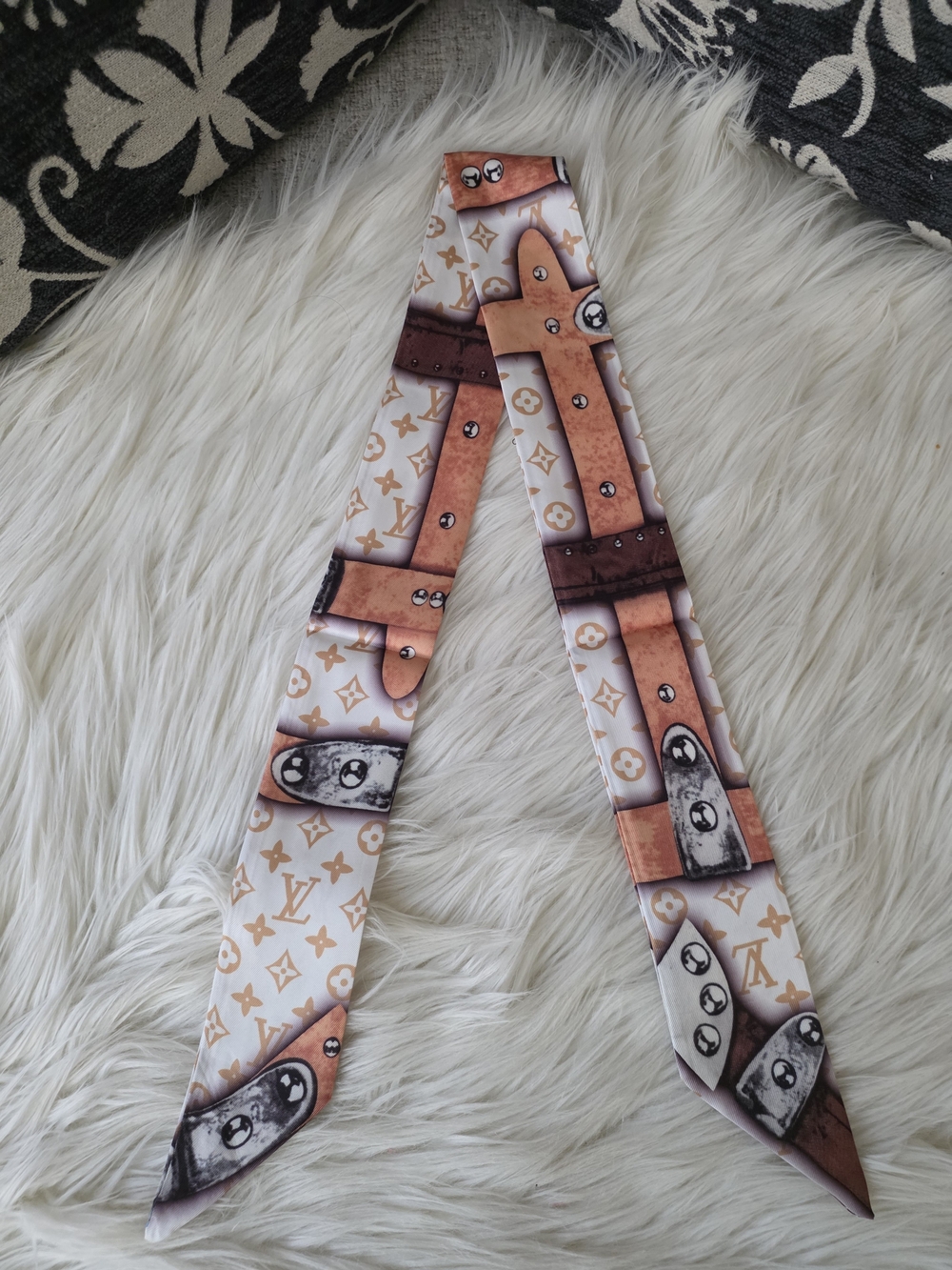Monogram Printed Silk Twilly Scarf - Brown & Cream